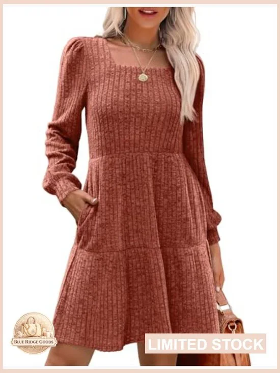 Square Neck Babydoll Sweater Dress Long Sleeve Flowy Casual Fall Fashion - Picture 2 of 7